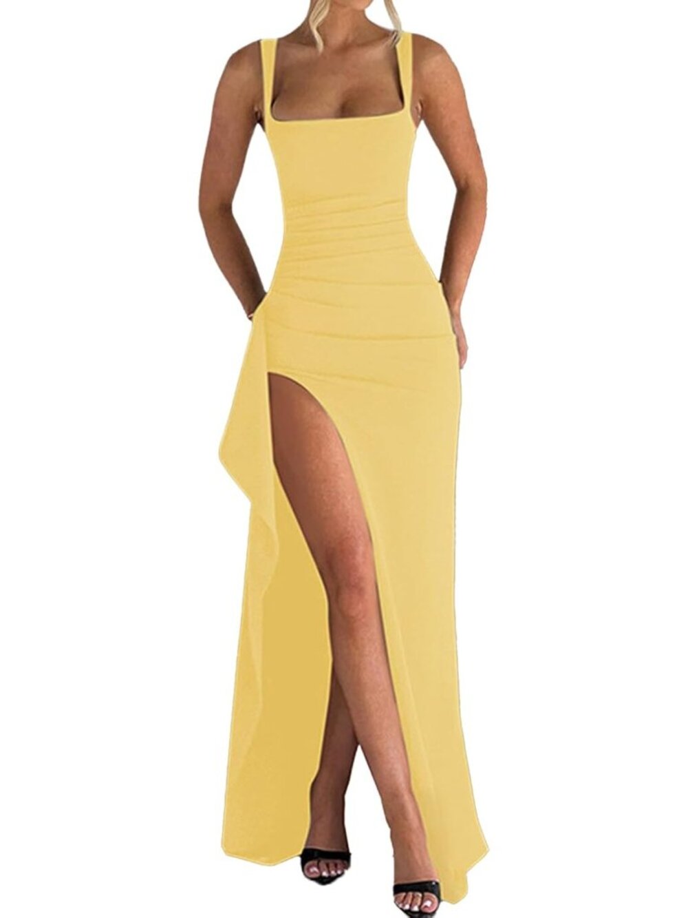 Women's Yellow Sleeveless Bodycon Ruched High Slit Formal Cocktail Maxi Dress